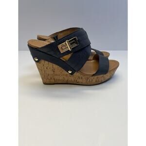 Tommy Hilfiger Mili 2 cork wedge sandals in navy blue With Gold Accents